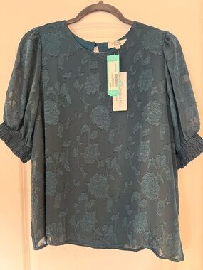 Teal Floral Textured Short Sleeve Blouse